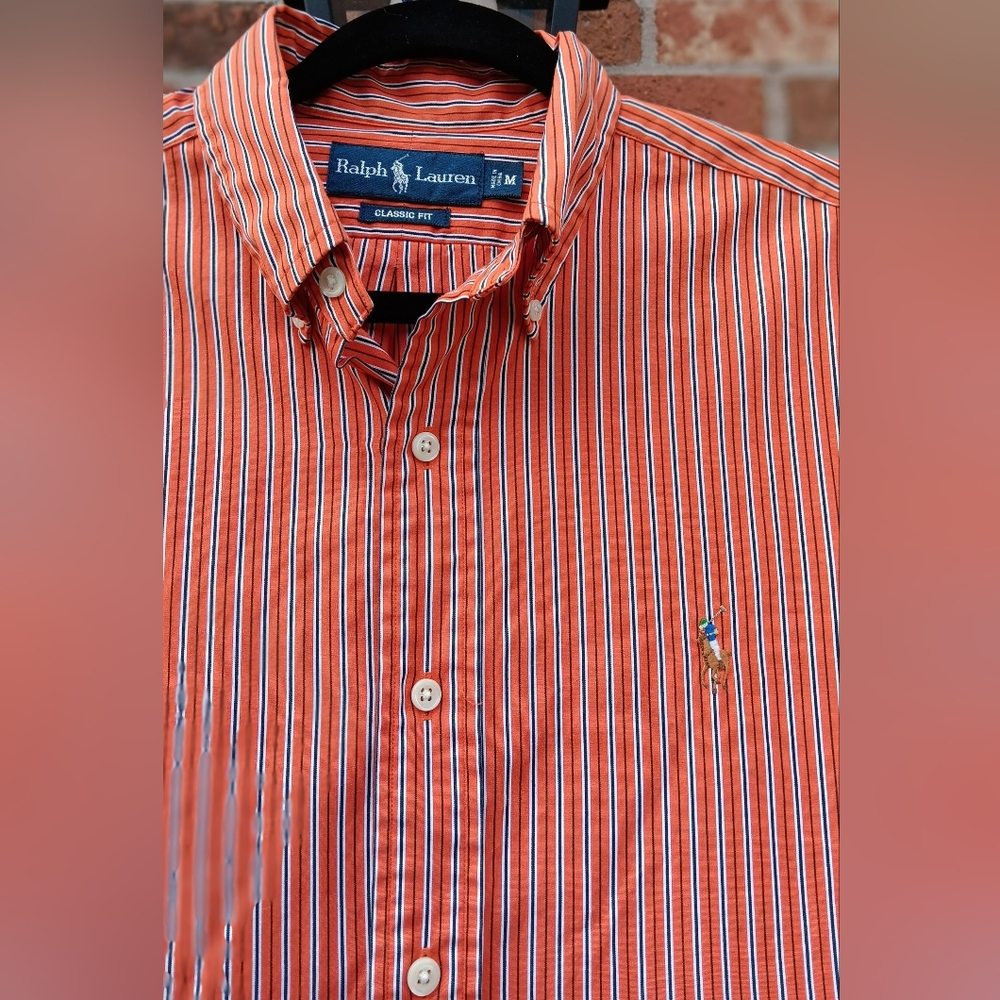 Men's Ralph Lauren Classic Fit Striped Poplin Shirt Rust Color Size Medium